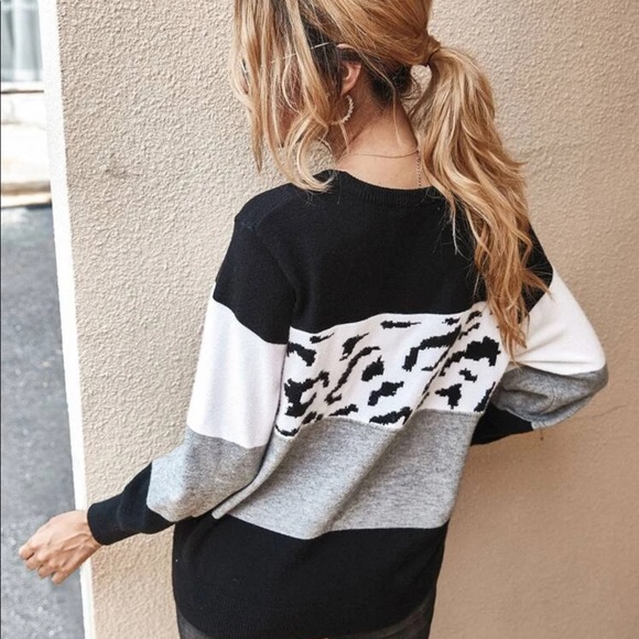 Color block stripe leopard print knit sweater pink - Picture 6 of 8